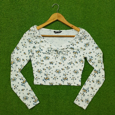 White Floral Print Tie-Front Ribbed Crop Top