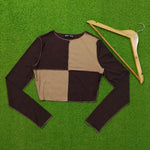 Brown Beige Color Block Ribbed Round Neck Long Sleeve Crop Top