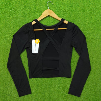 Black Jersey Cross-Back V-Neck Long Sleeve Crop Top - alternate view