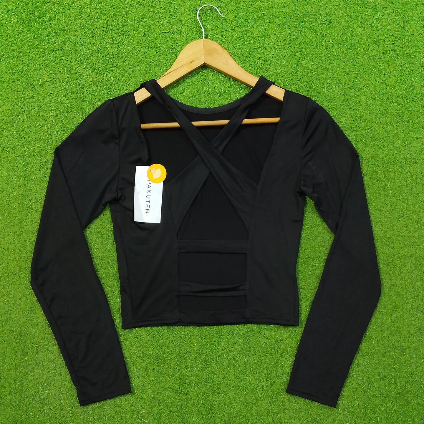 Black Jersey Cross-Back V-Neck Long Sleeve Crop Top