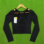 Black Jersey Cross-Back V-Neck Long Sleeve Crop Top