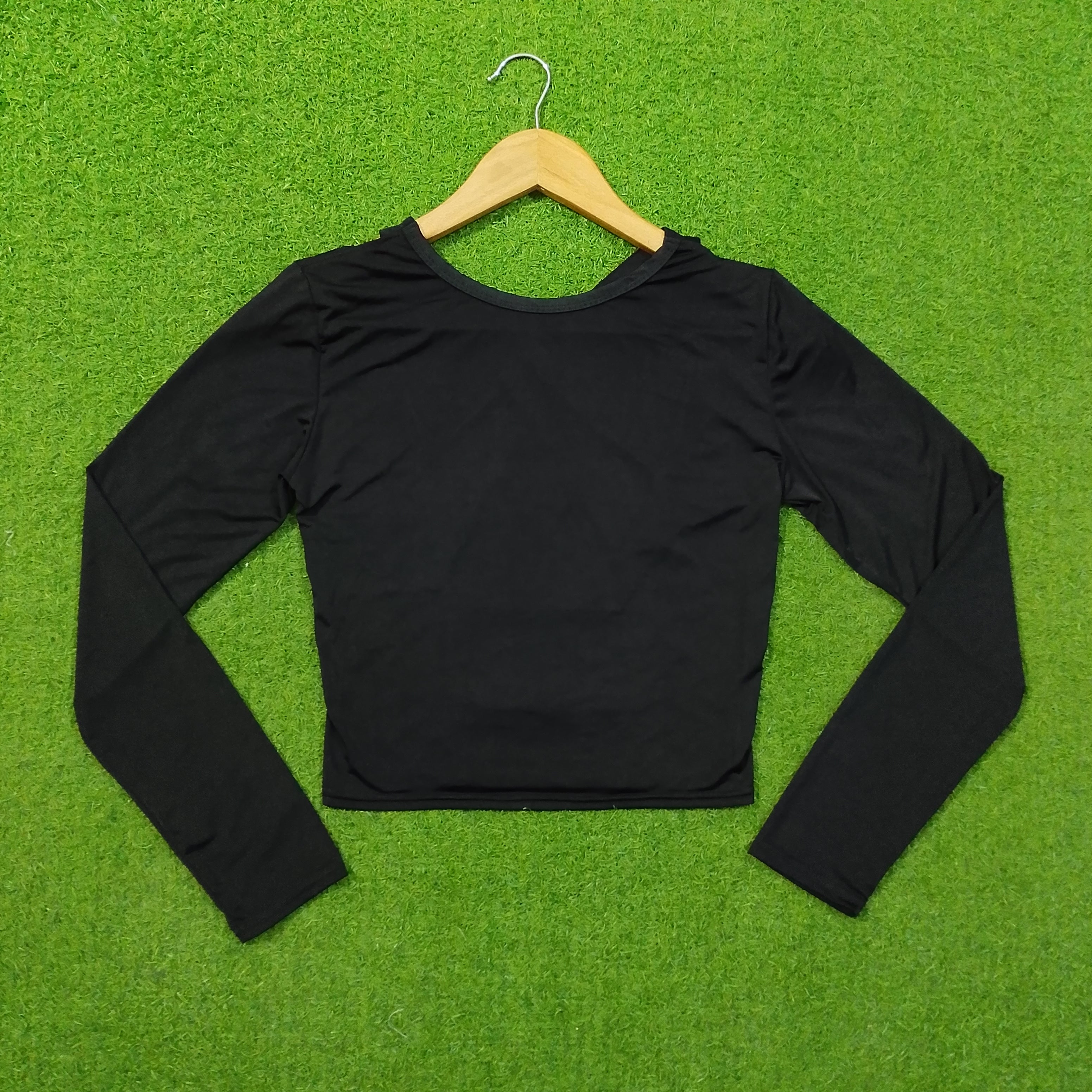 Black Jersey Cross-Back V-Neck Long Sleeve Crop Top