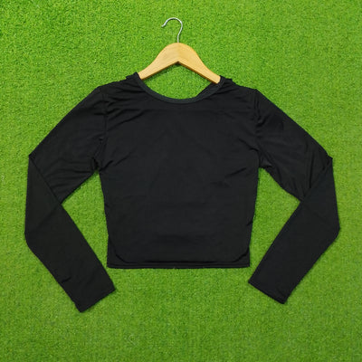 Black Jersey Cross-Back V-Neck Long Sleeve Crop Top