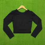 Black Jersey Cross-Back V-Neck Long Sleeve Crop Top