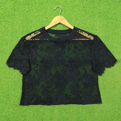 Black Floral Lace Mesh Shoulder Crop Top