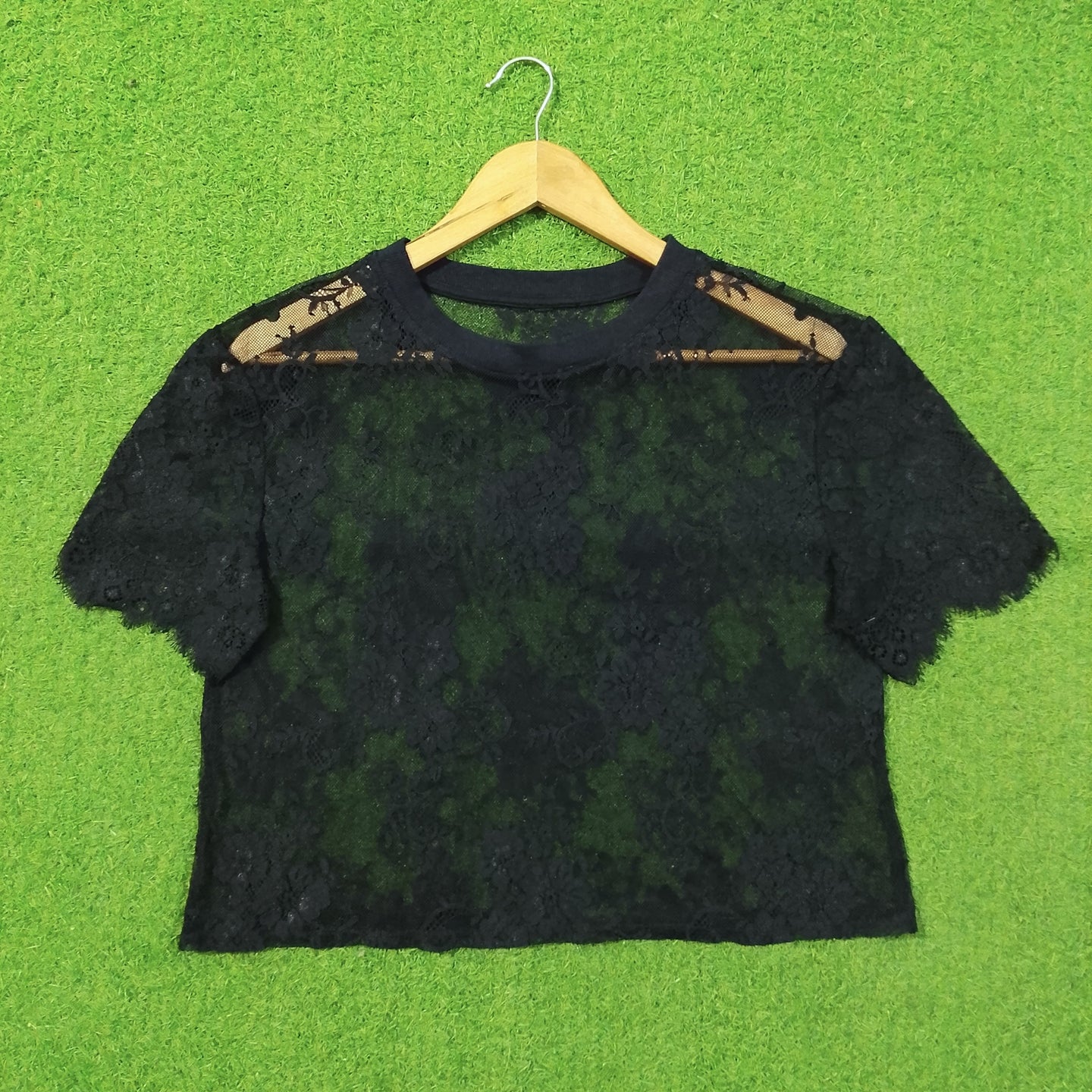 Black Floral Lace Mesh Shoulder Crop Top