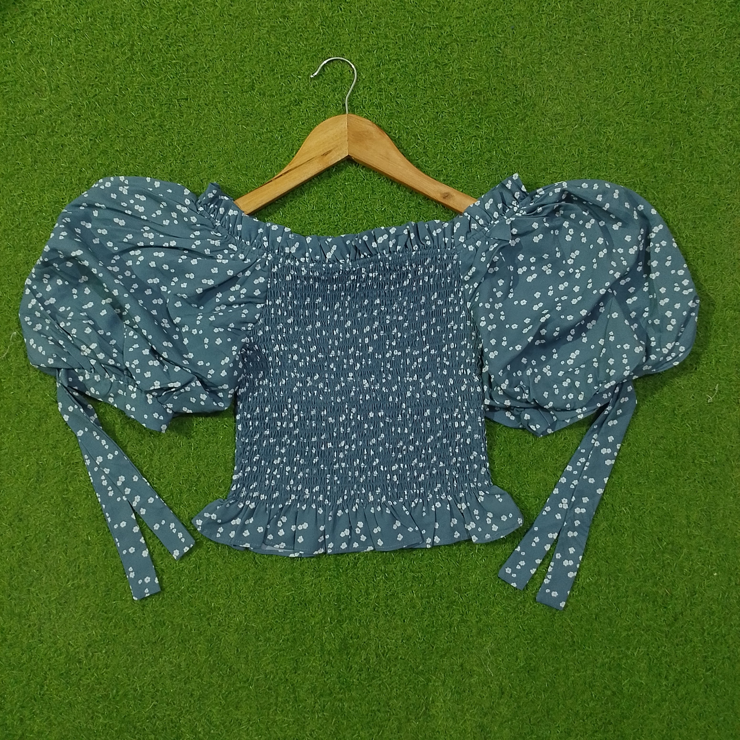 Blue Floral Smocked Off-Shoulder Crop Top