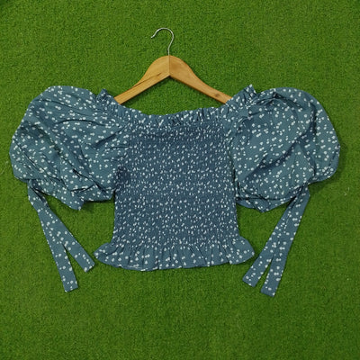 Blue Floral Smocked Off-Shoulder Crop Top - alternate view