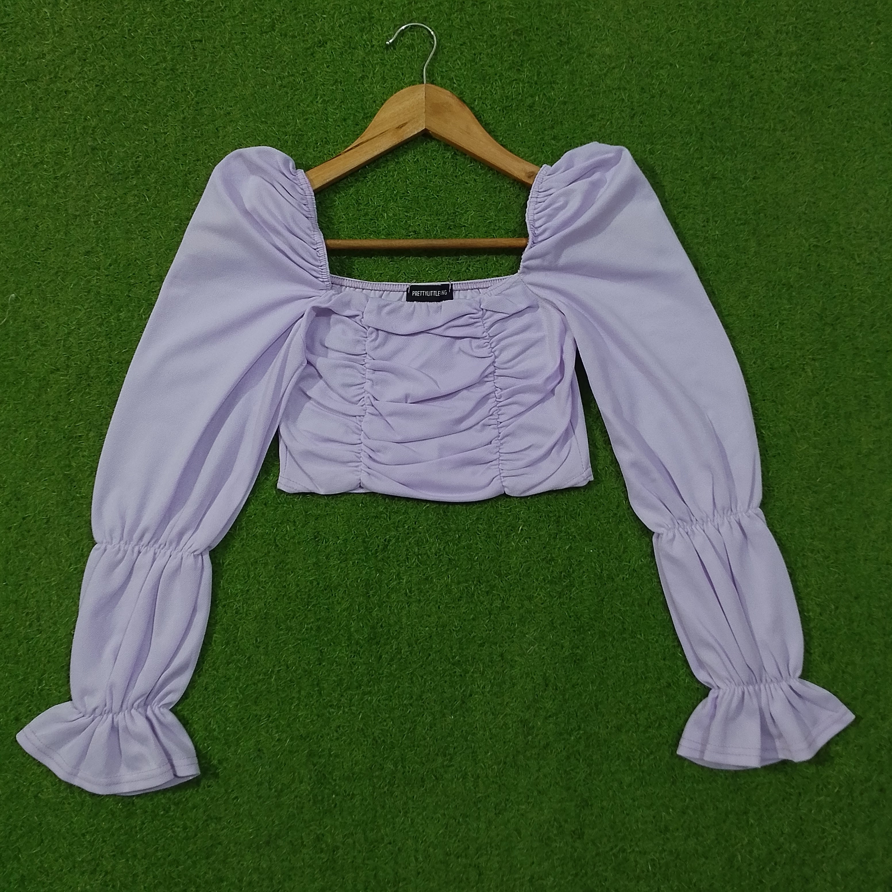 Lilac Ruched Square Neck Puff Sleeve Crop Top