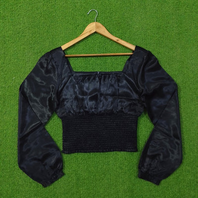 Black Silk Ruched Square Neck Smocked Crop Top - alternate view