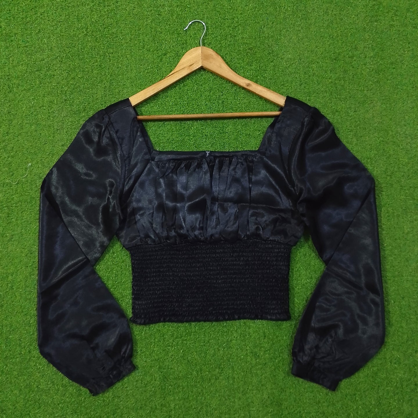 Black Silk Ruched Square Neck Smocked Crop Top