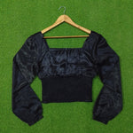 Black Silk Ruched Square Neck Smocked Crop Top