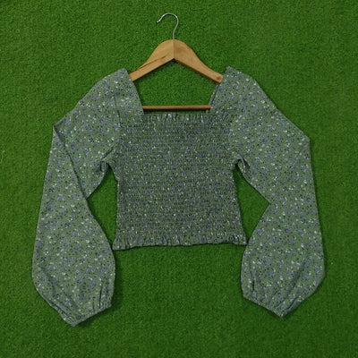 Floral Print Smocked Crop Top with Puff Sleeves - alternate view