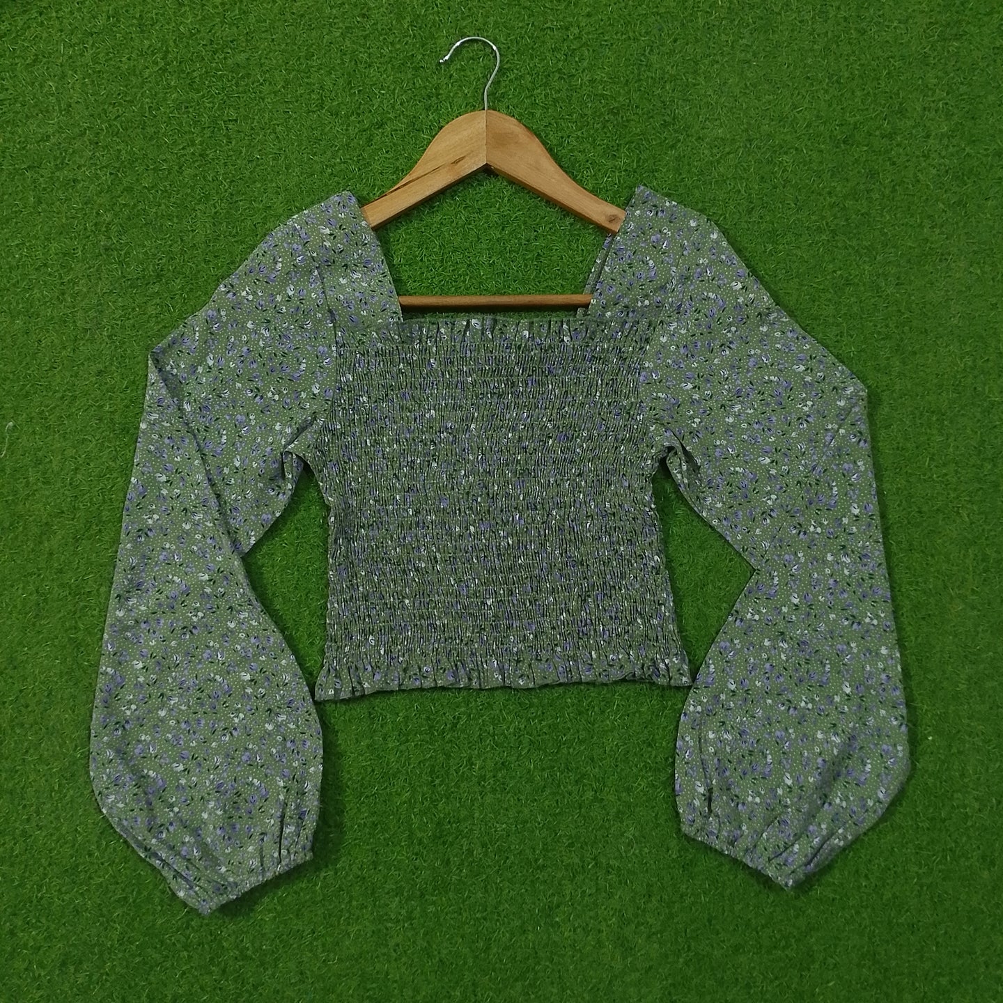 Floral Print Smocked Crop Top with Puff Sleeves