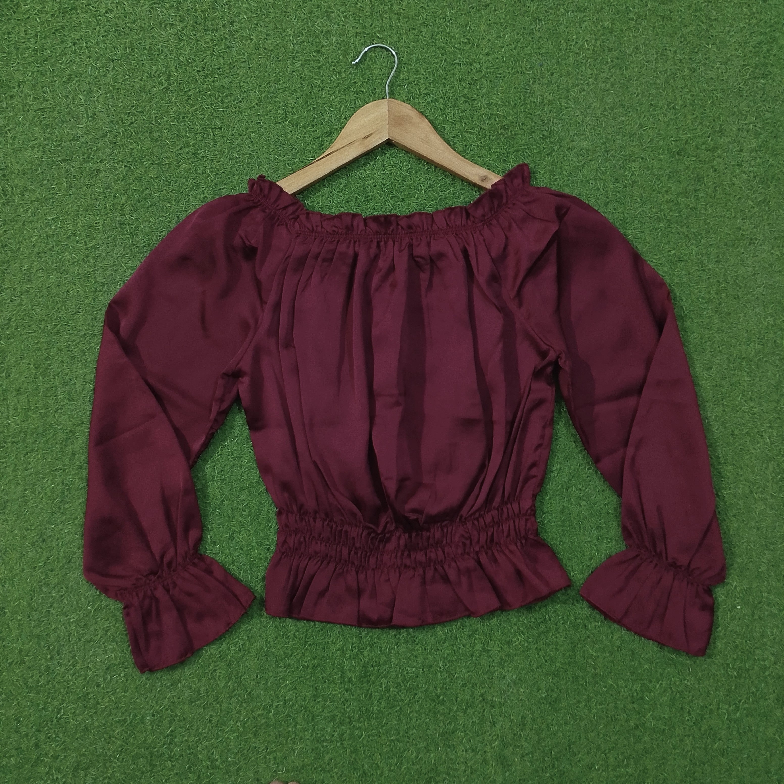 Maroon Off-Shoulder Smocked Waist Crop Top with Puff Sleeves