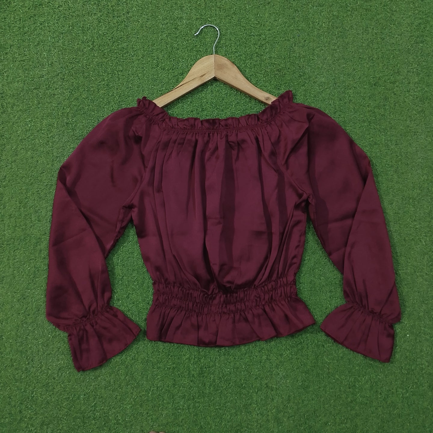 Maroon Off-Shoulder Smocked Waist Crop Top with Puff Sleeves