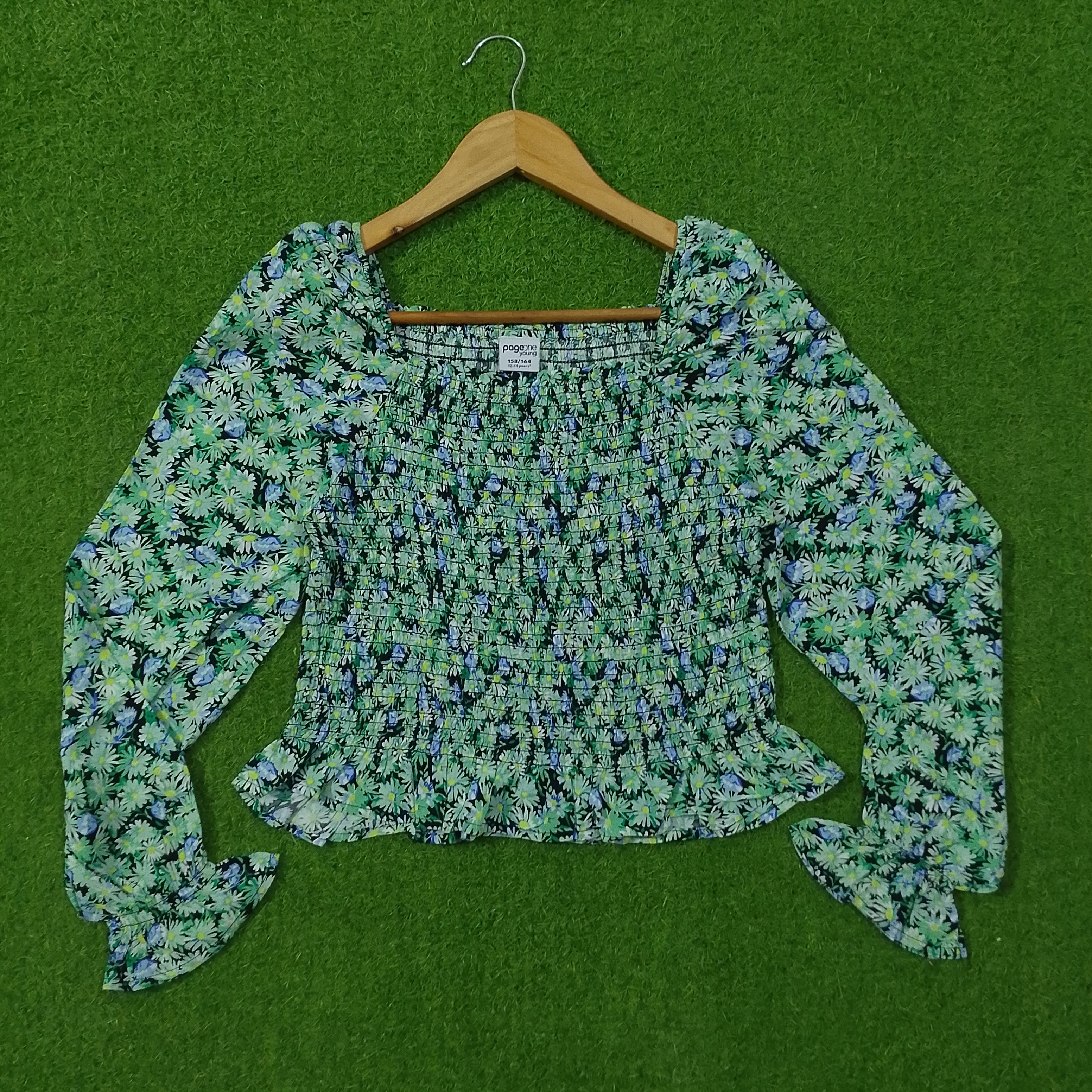 Green Floral Smocked Crop Top with Puff Sleeves and Ruffle Hem