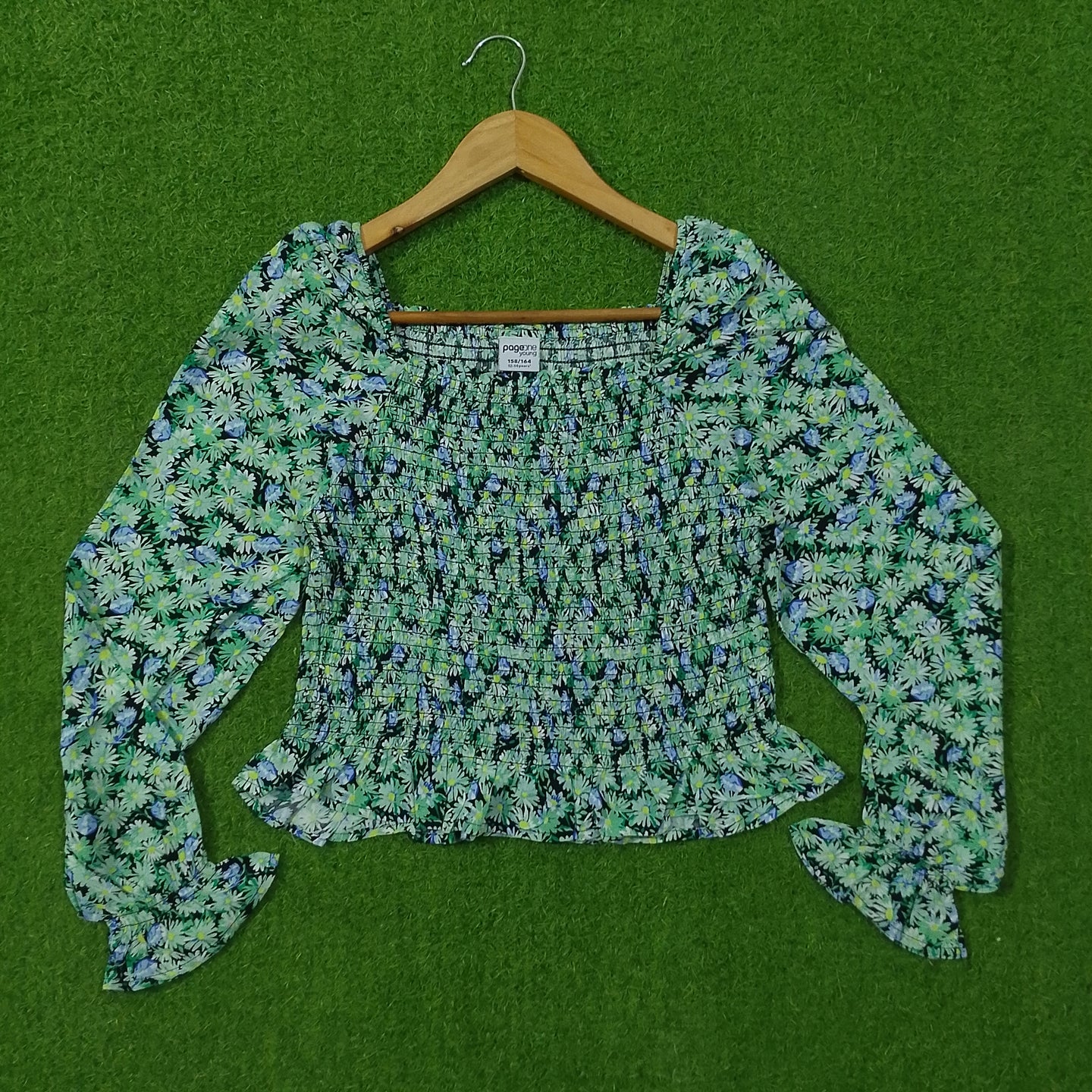 Green Floral Smocked Crop Top with Puff Sleeves and Ruffle Hem