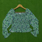 Green Floral Smocked Crop Top with Puff Sleeves and Ruffle Hem