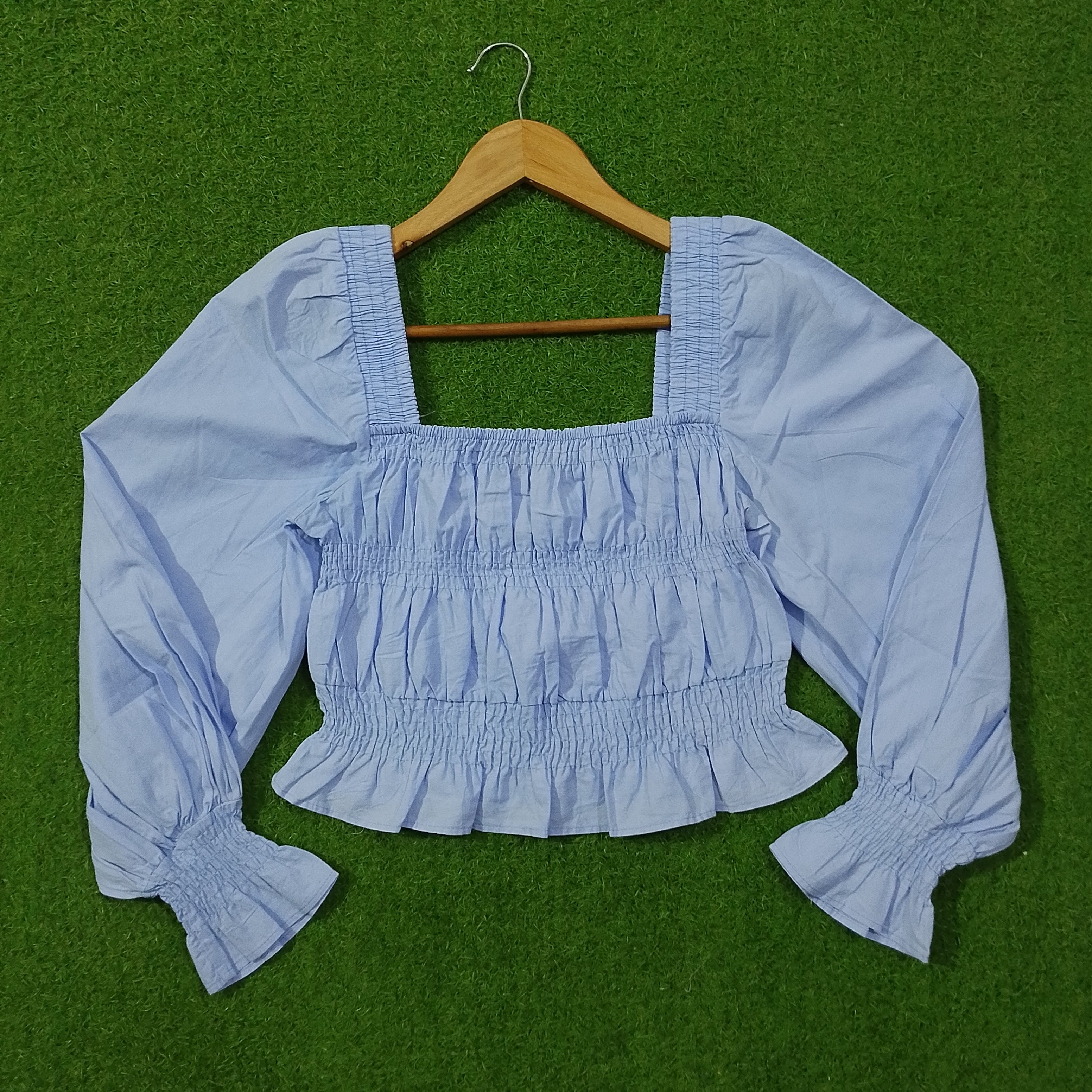 Baby Blue Square Neck Smocked Crop Top with Puff Sleeves