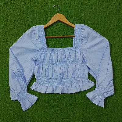Baby Blue Square Neck Smocked Crop Top with Puff Sleeves - alternate view