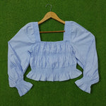 Baby Blue Square Neck Smocked Crop Top with Puff Sleeves