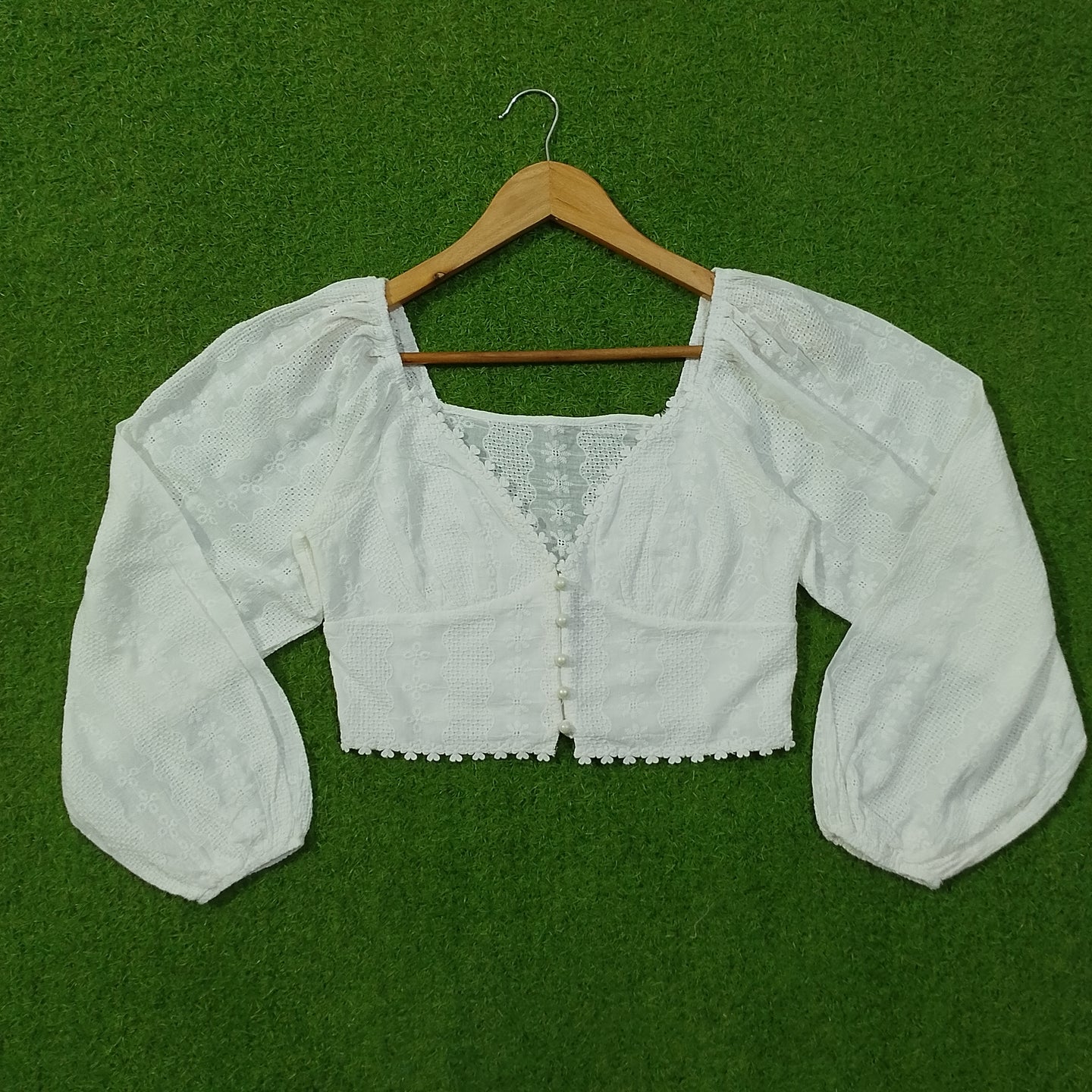White Cotton Chikankari Eyelet Crop Top with Puff Sleeves and Button Front