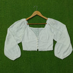 White Cotton Chikankari Eyelet Crop Top with Puff Sleeves and Button Front