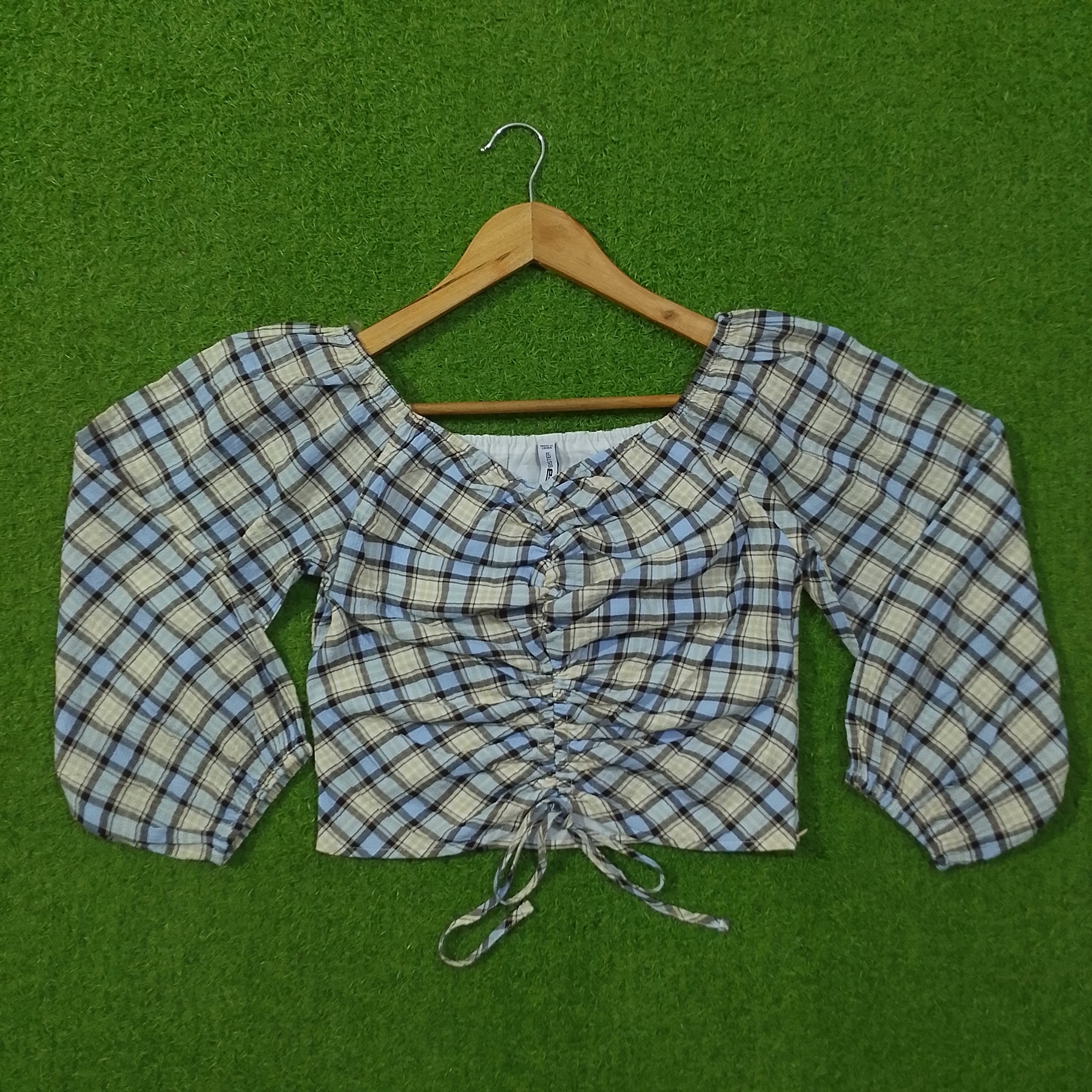Blue Plaid Check Drawstring Ruched Crop Top with Puff Sleeves