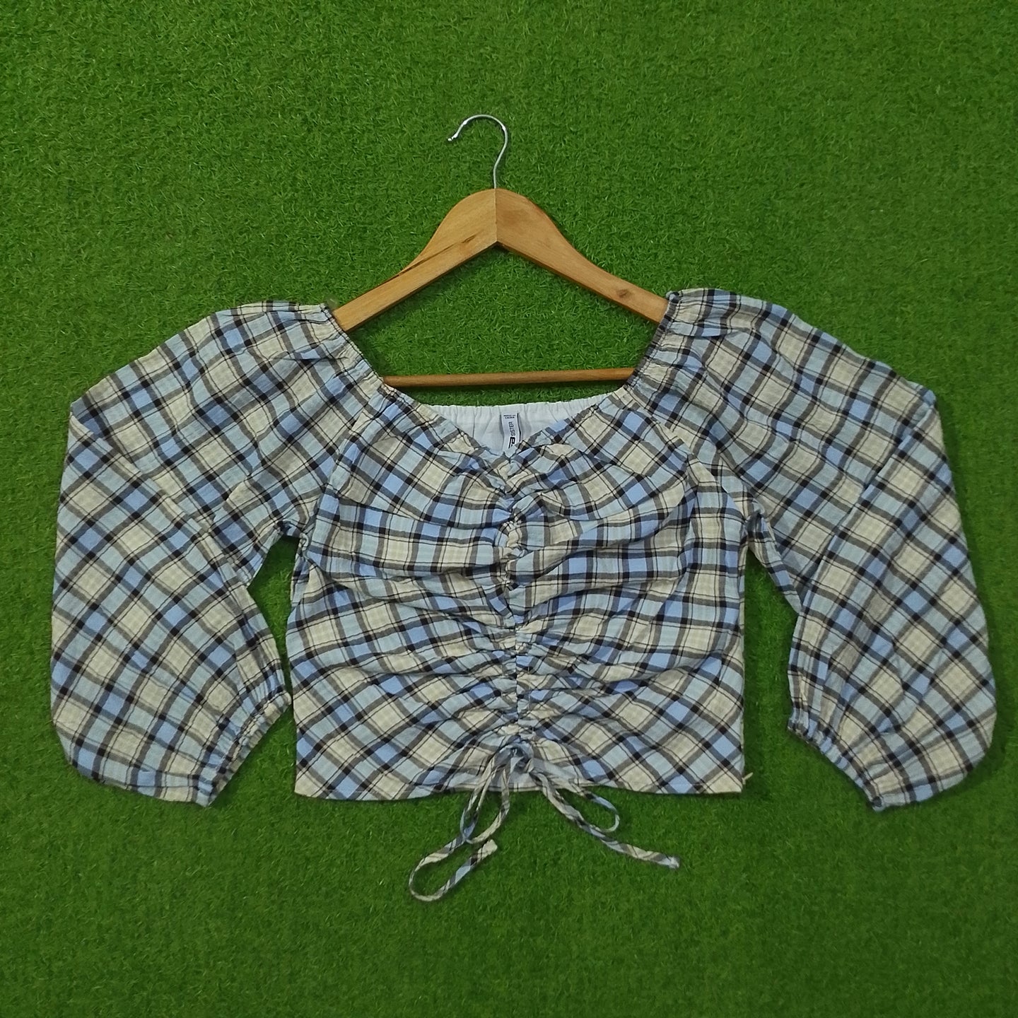 Blue Plaid Check Drawstring Ruched Crop Top with Puff Sleeves