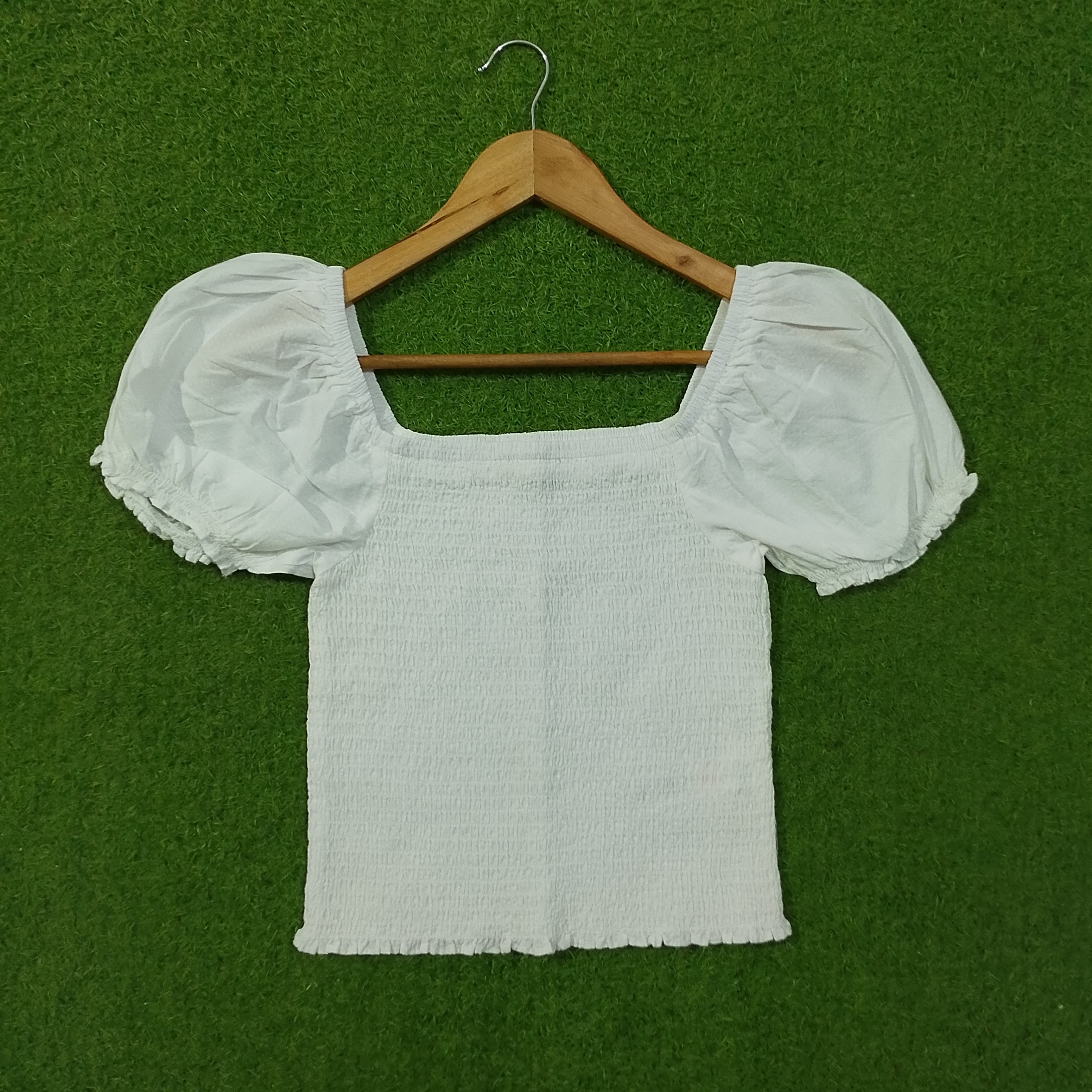 White Square Neck Smocked Crop Top with Short Puff Sleeves