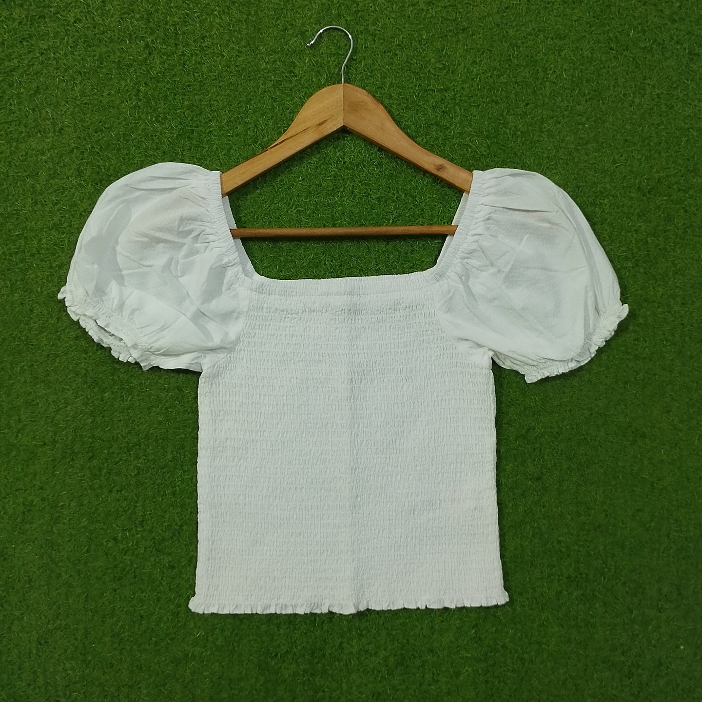 White Square Neck Smocked Crop Top with Short Puff Sleeves
