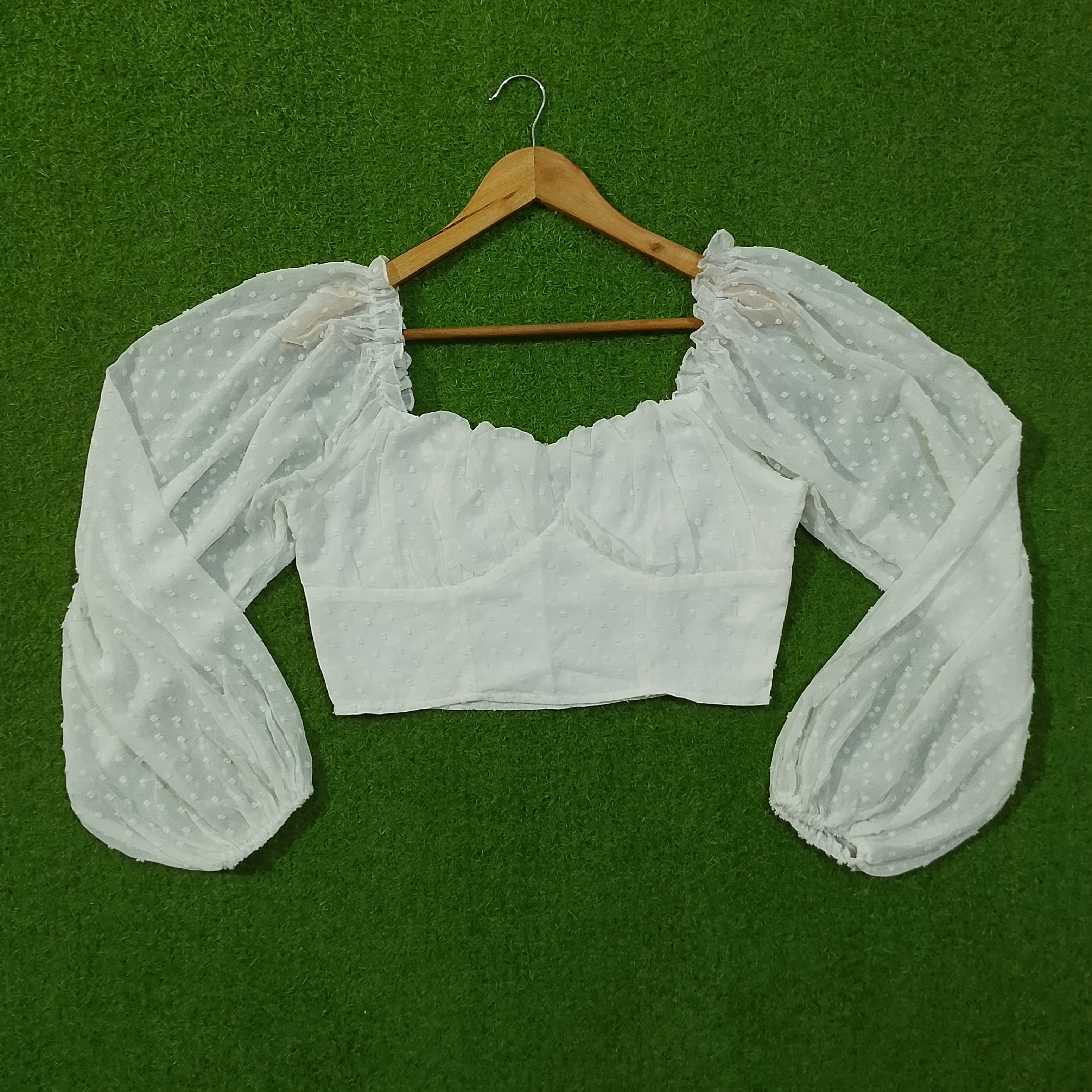 White Swiss Dot Chiffon Sweetheart Neck Crop Top with Puff Sleeves