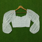 White Swiss Dot Chiffon Sweetheart Neck Crop Top with Puff Sleeves