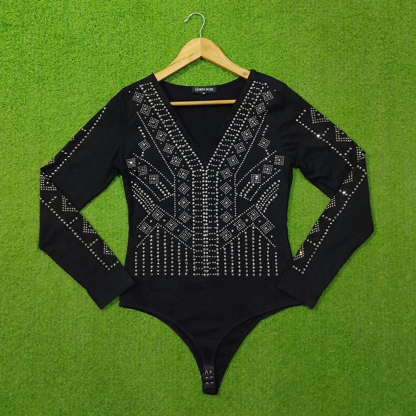 Black Rhinestone Embellished V-Neck Bodysuit - Front View 2