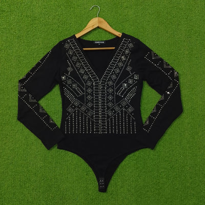 Black Rhinestone Embellished V-Neck Bodysuit - Front View 1