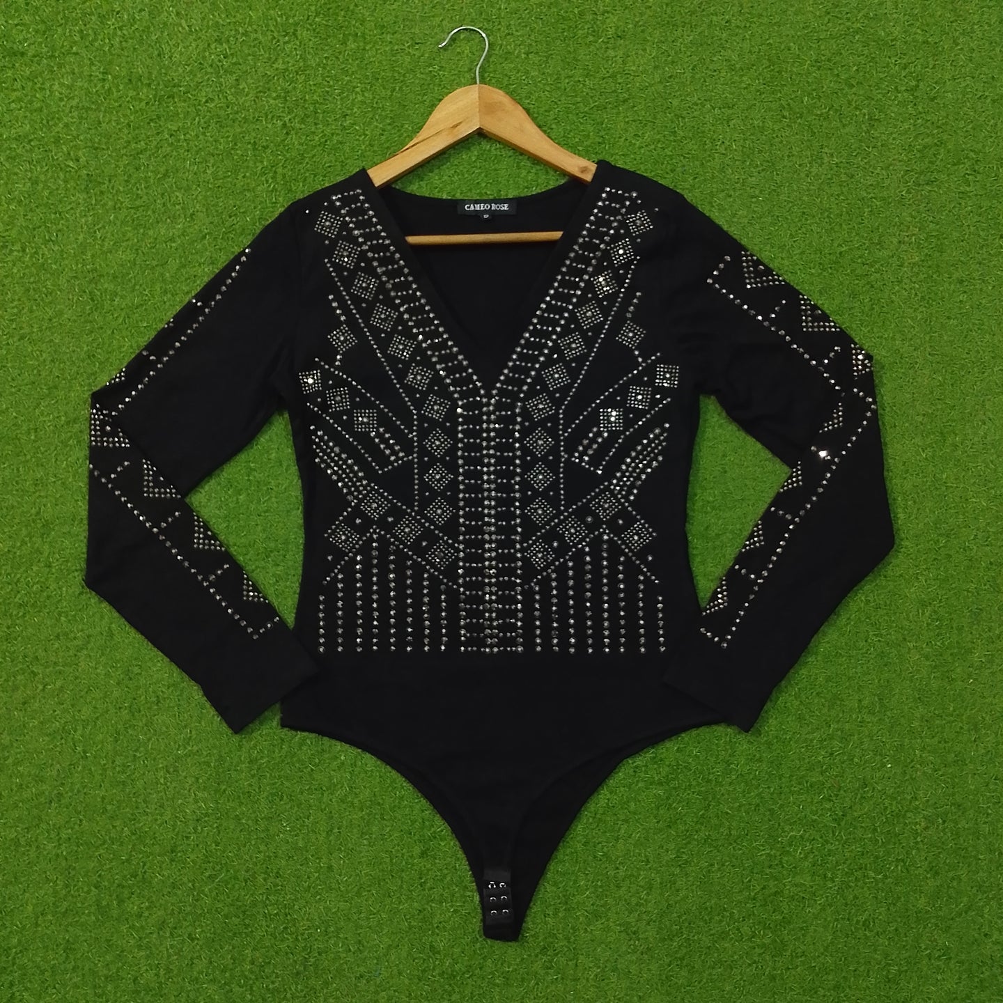 Black Rhinestone Embellished V-Neck Bodysuit - Front View 1