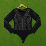 Black Rhinestone Embellished V-Neck Bodysuit - Front View 1