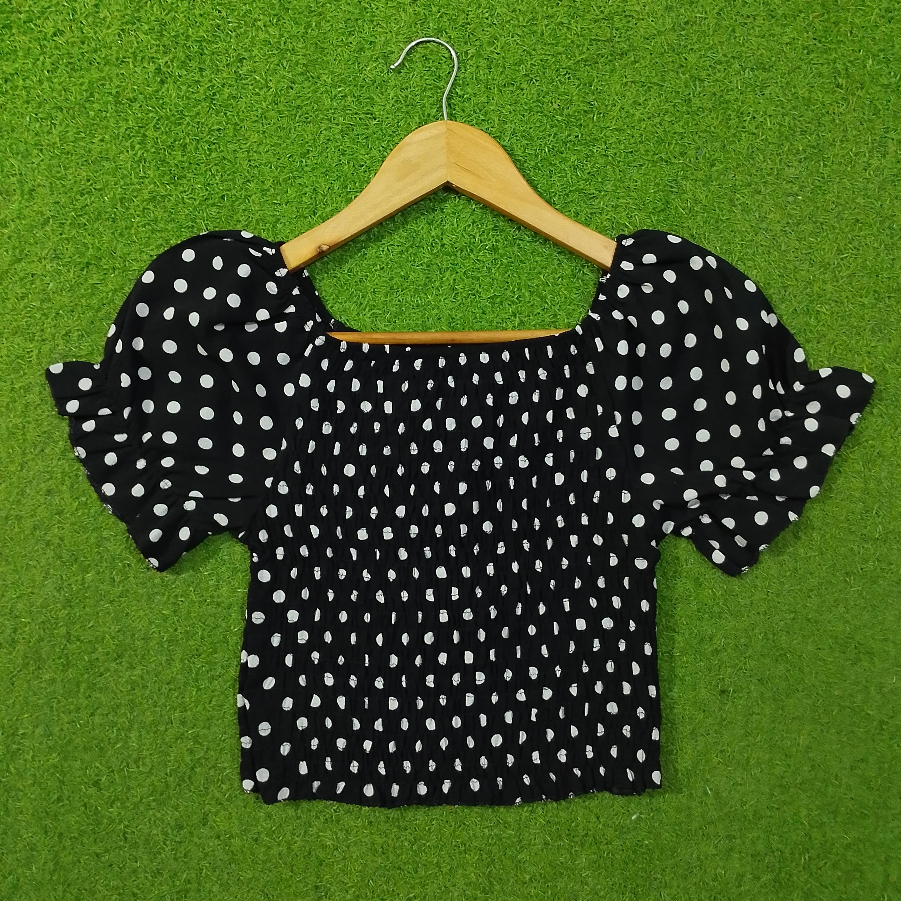 Black Polka Dot Puff Sleeve Crop Top