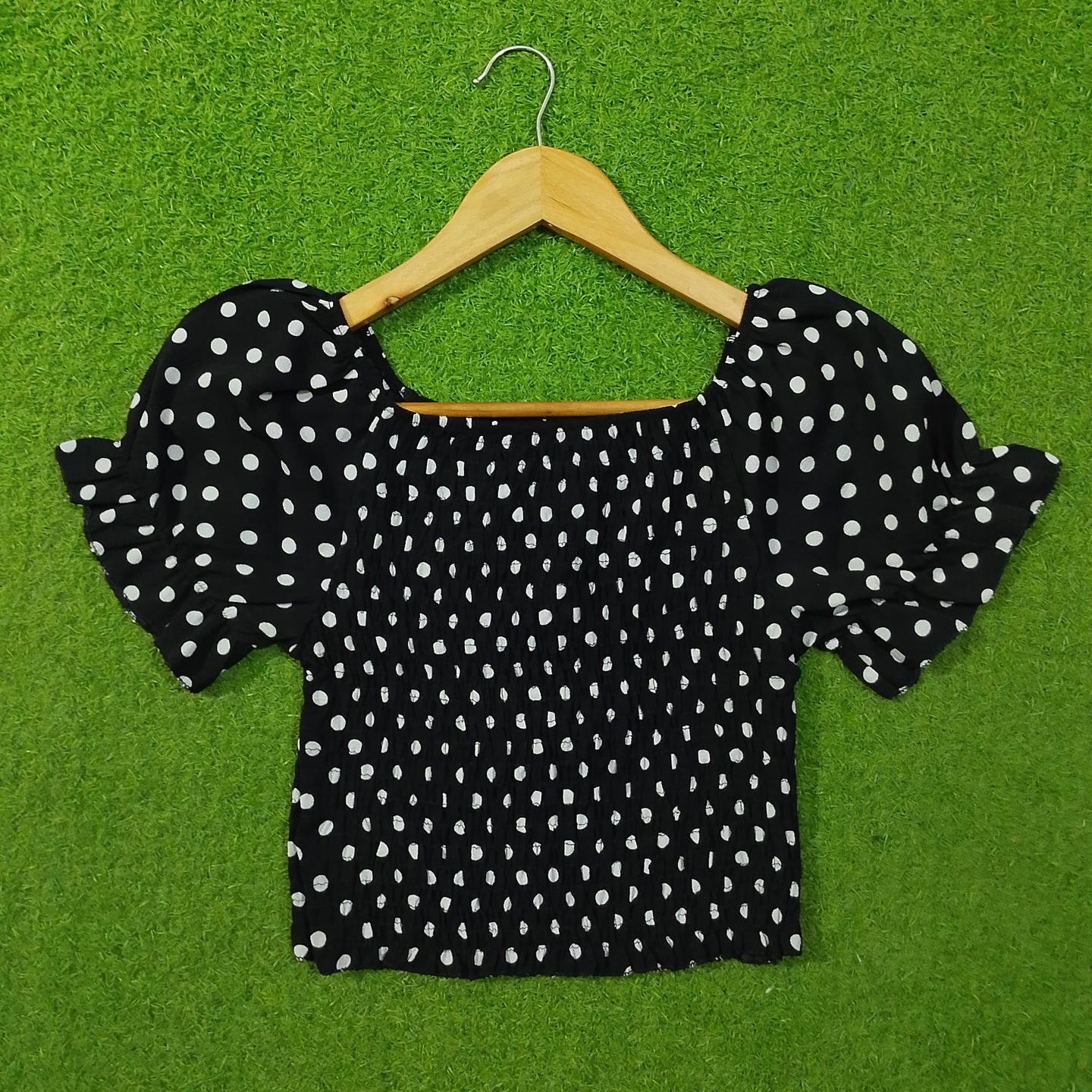 Black Polka Dot Puff Sleeve Crop Top