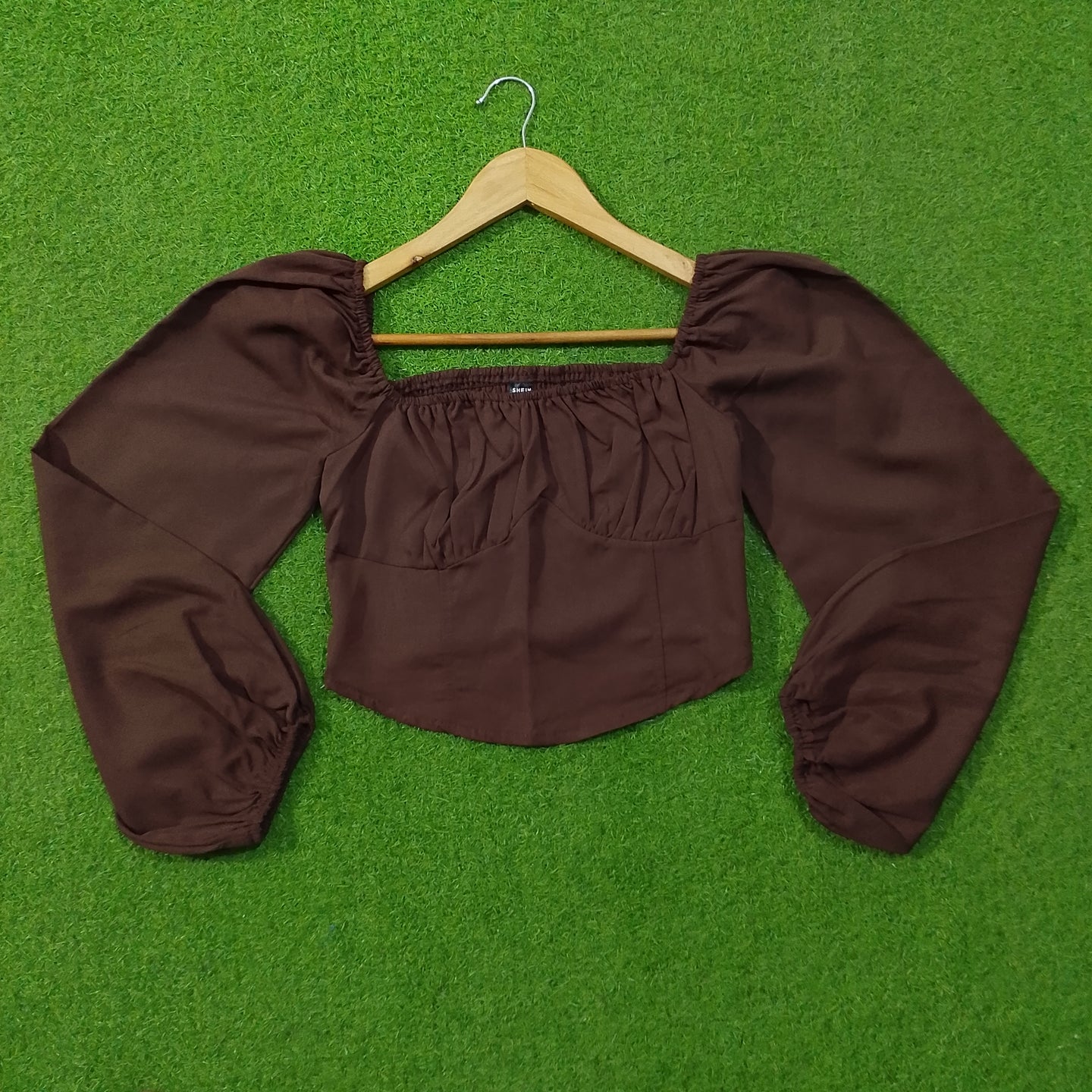 Brown Off-Shoulder Puff Sleeve Crop Top