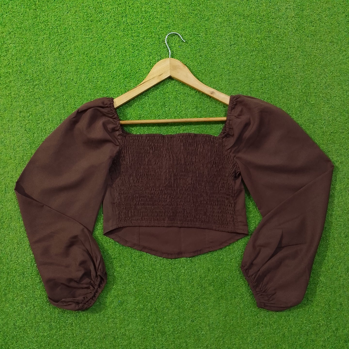 Brown Off-Shoulder Puff Sleeve Crop Top