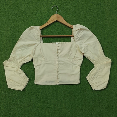 Cream Square Neck Button Front Crop Top with Puff Sleeves - alternate view
