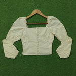 Cream Square Neck Button Front Crop Top with Puff Sleeves