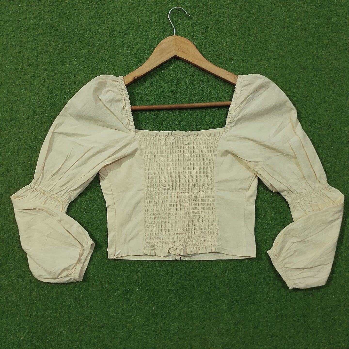 Cream Square Neck Button Front Crop Top with Puff Sleeves