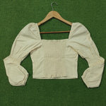 Cream Square Neck Button Front Crop Top with Puff Sleeves