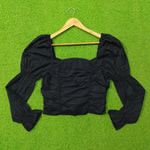 Black Sweetheart Neck Ruched Crop Top with Puff Sleeves