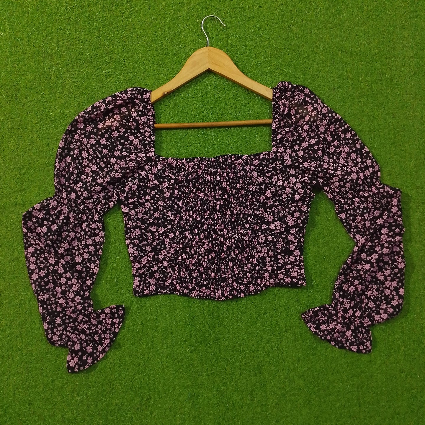 Pink Ditsy Floral Square Neck Crop Top with Flared Sleeves