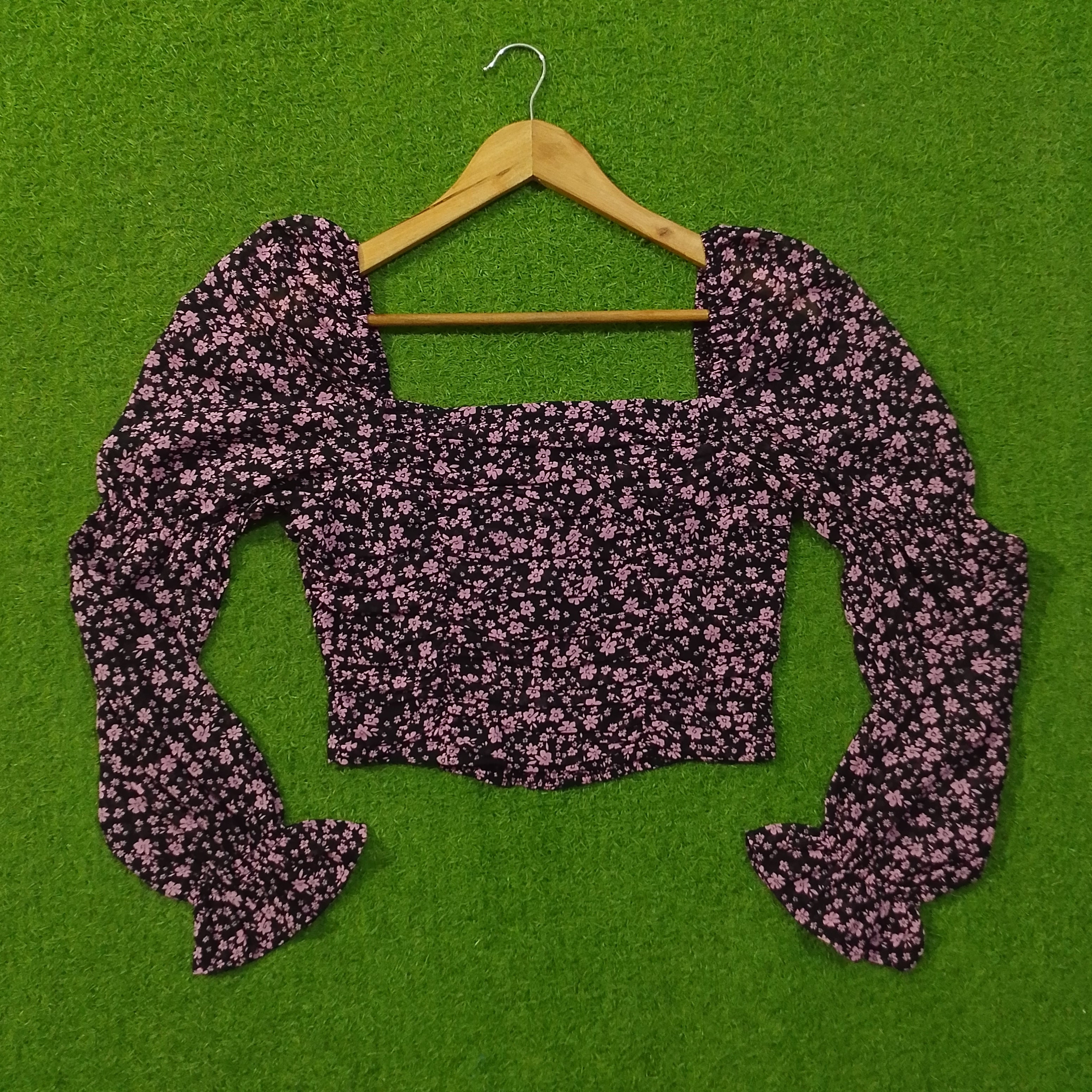 Pink Ditsy Floral Square Neck Crop Top with Flared Sleeves