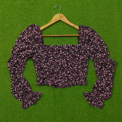 Pink Ditsy Floral Square Neck Crop Top with Flared Sleeves - alternate view